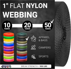 1 Inch Heavy Duty Nylon Webbing Strap Roll for Belt, Backpack, Sling, Collar, Leash, Strapping and More, 10, 20, or 50 Yards, Over 20 Colors