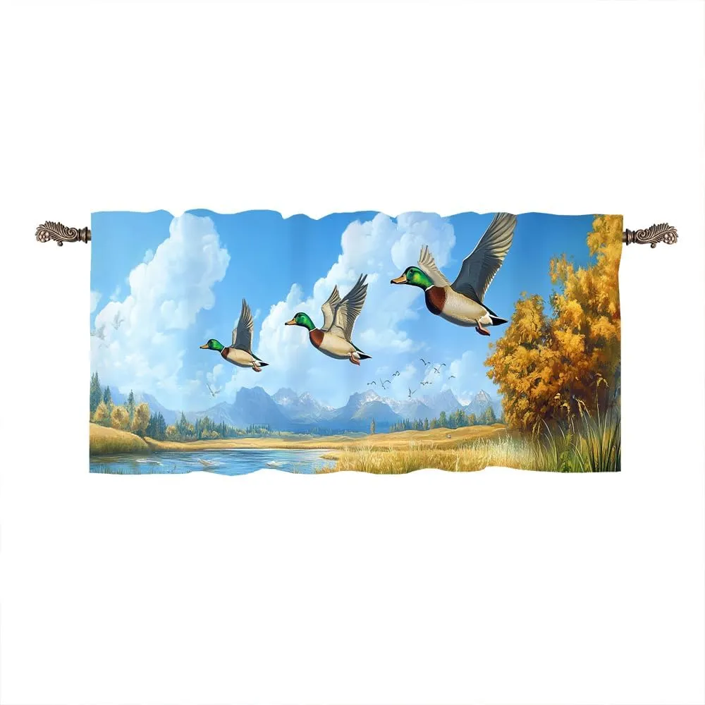 1 Panel Abstract Mallard Duck Curtain Valance for Windows, Fall Jungle Stream Fantasy Rod Pocket Short Window Treatment Decor Drapes for Kitchen, Bathroom, 54" X 18"