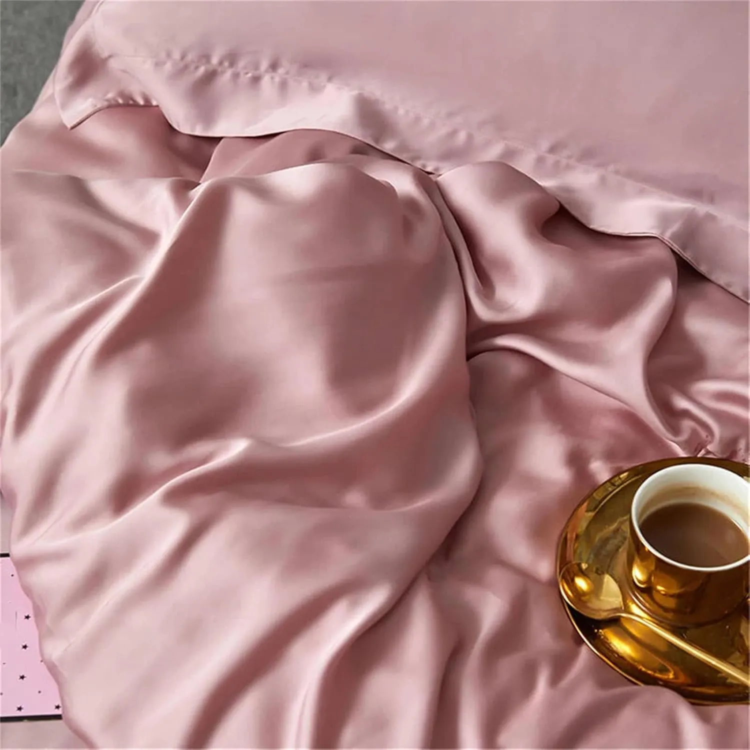 100 Percent Silk Pink Bedding Set - Women's Silky Duvet Cover, Flat Sheet, Pillowcase - Queen & King Size