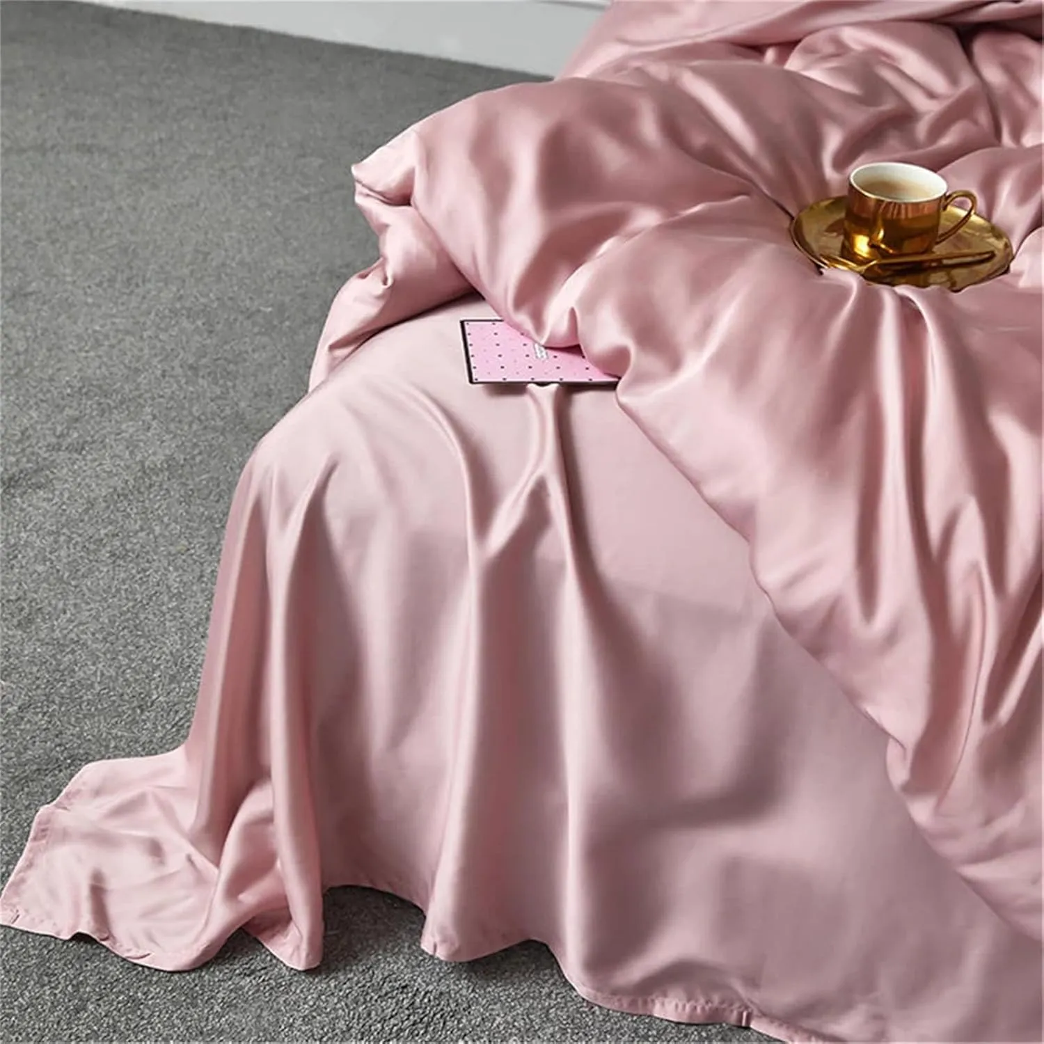 100 Percent Silk Pink Bedding Set - Women's Silky Duvet Cover, Flat Sheet, Pillowcase - Queen & King Size