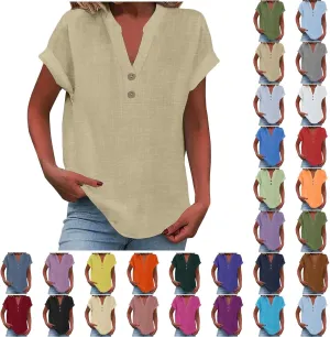 2025 Cotton Linen Short Sleeve Tops for Women V Neck Button Down Loose Fit Shirts