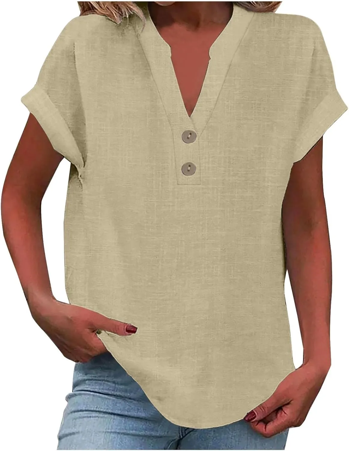 2025 Cotton Linen Short Sleeve Tops for Women V Neck Button Down Loose Fit Shirts