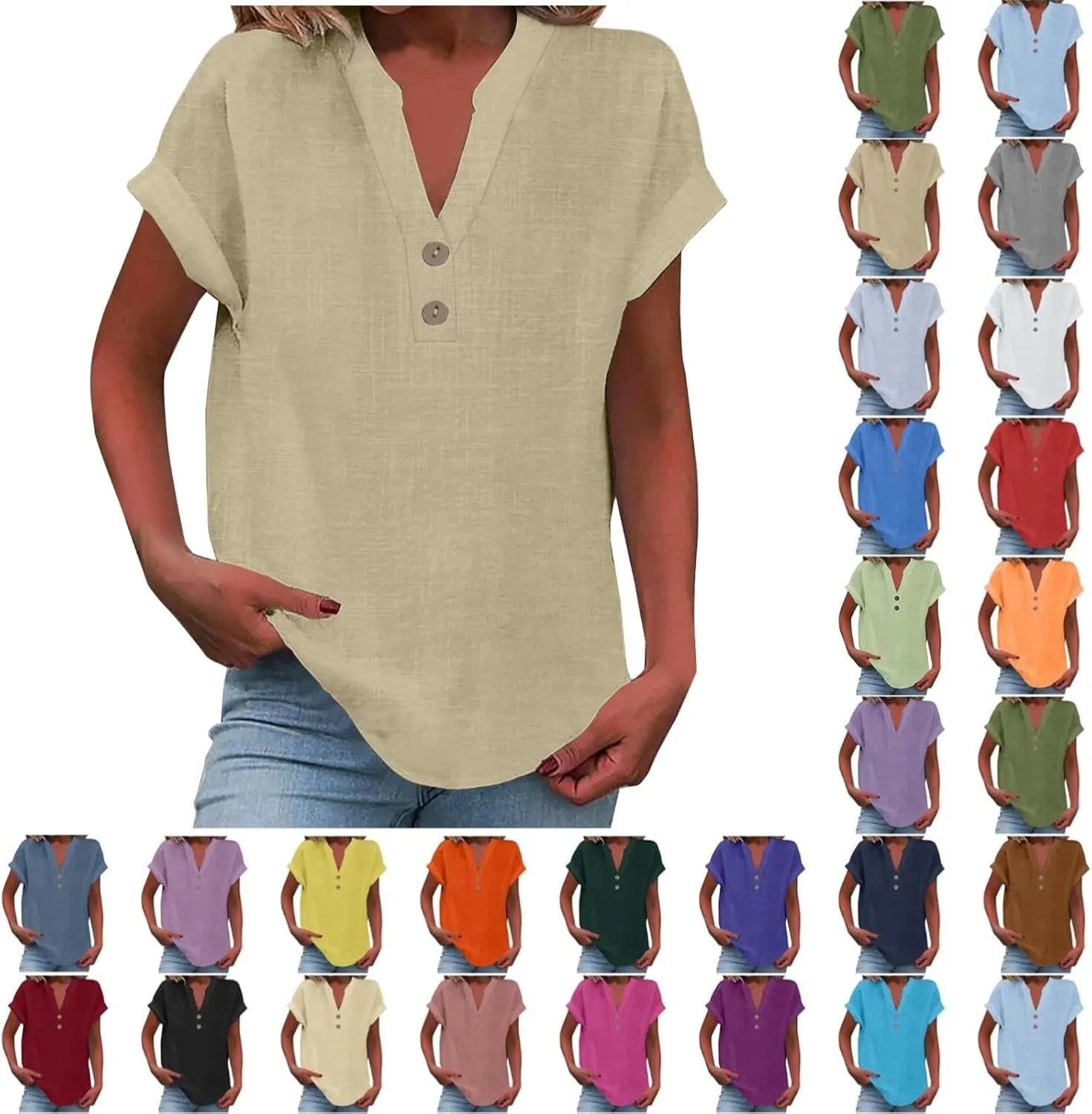 2025 Cotton Linen Short Sleeve Tops for Women V Neck Button Down Loose Fit Shirts