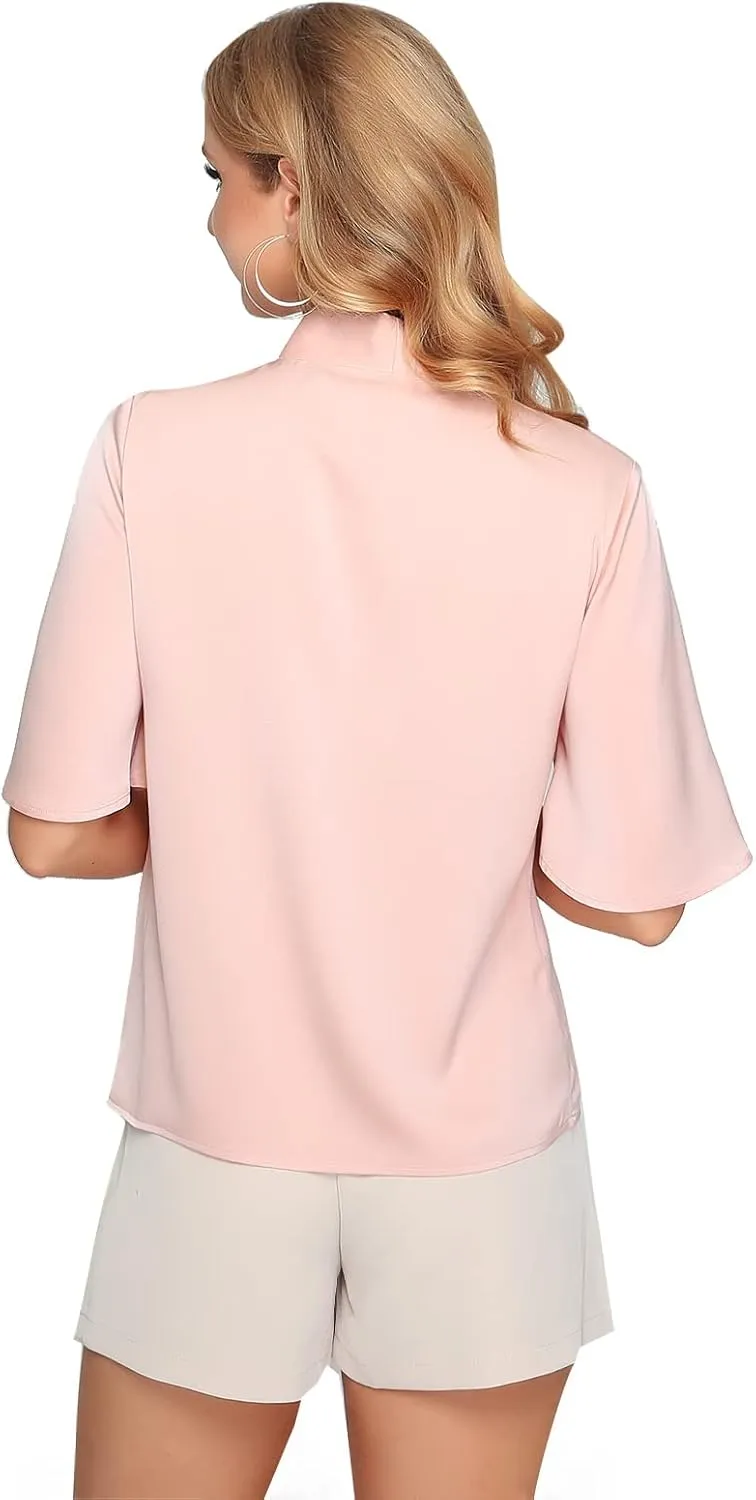 2025 Elegant Summer Women's Bow Collar Ruffle Short Sove Shirt Casual Shirt Top