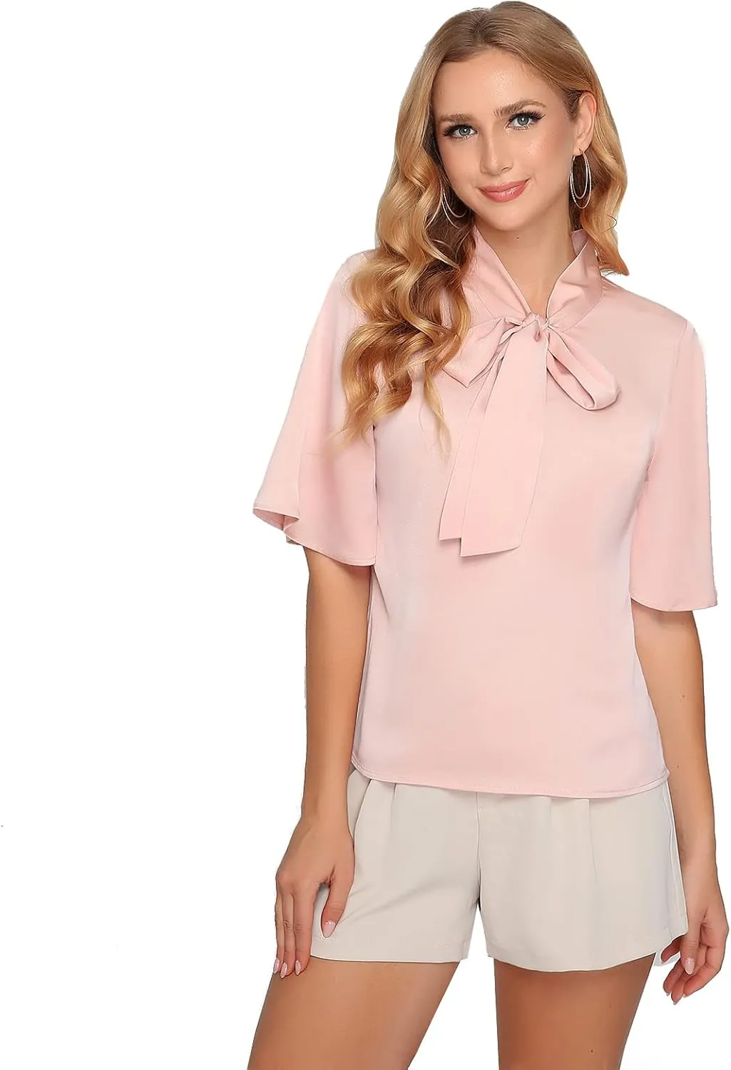 2025 Elegant Summer Women's Bow Collar Ruffle Short Sove Shirt Casual Shirt Top