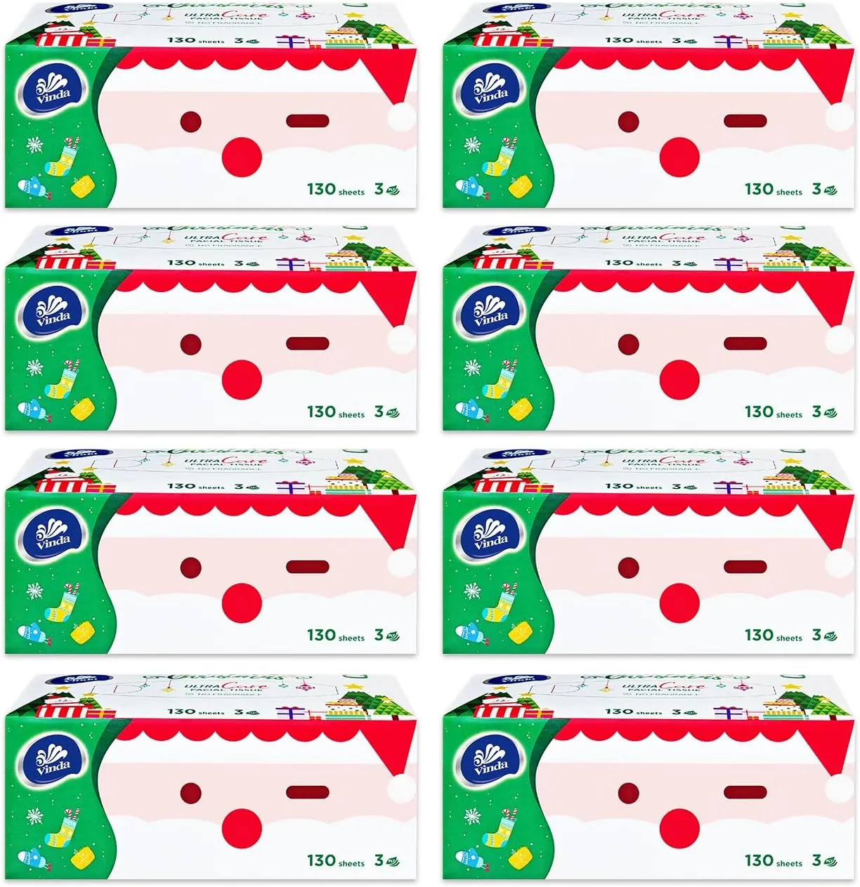 3-Ply Premium Soft Facial Tissues, Ultra Care for Sensitive Skin, 130 Tissues per Box, 8 Flat Boxes – Strong, Gentle & Ideal for Home or Office Use
