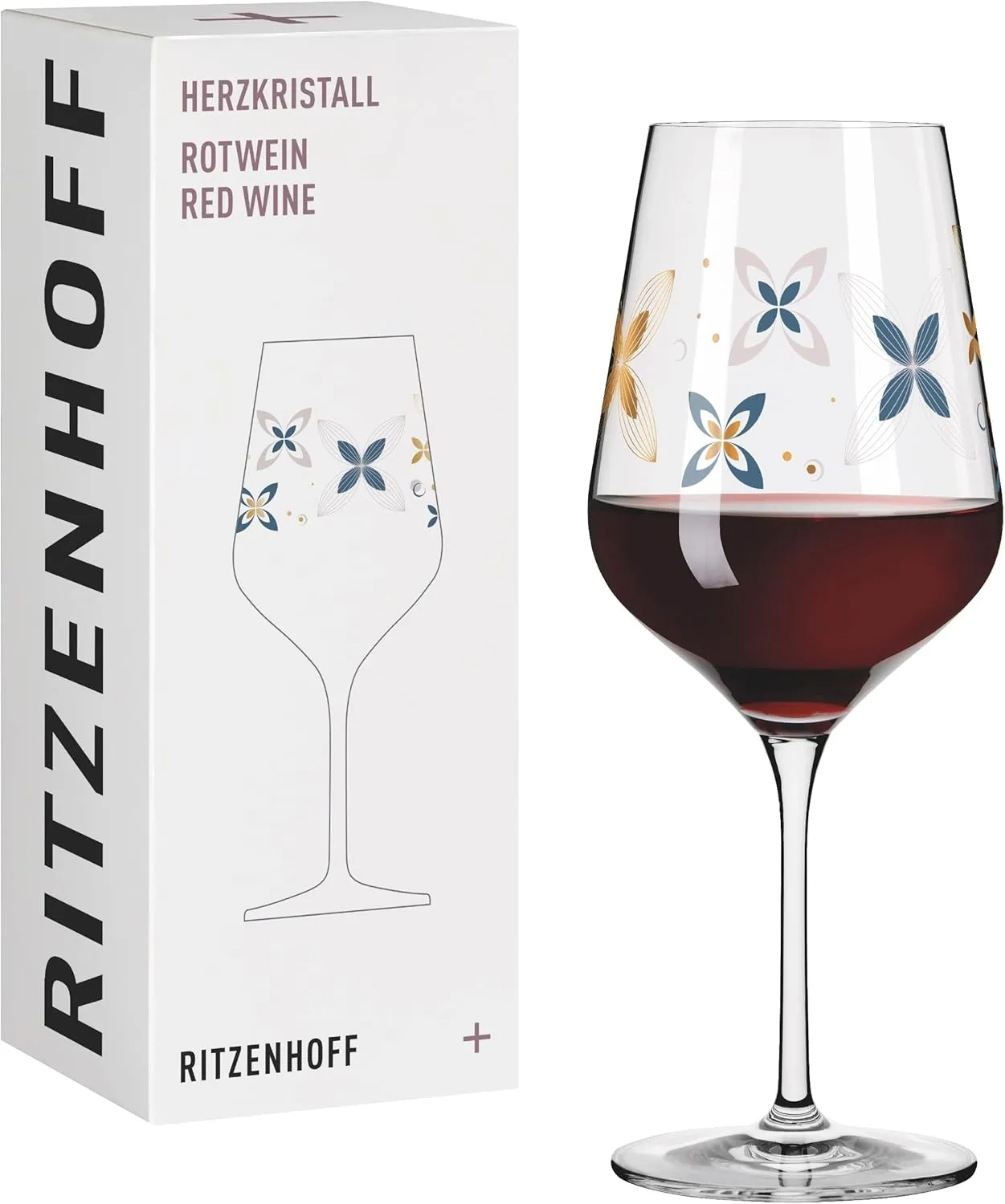 3001009 Red Wine Glass 500 ml - Series Heart Crystal No. 9 - Glass with Flower Motif in Rose Gold - Made in Germany