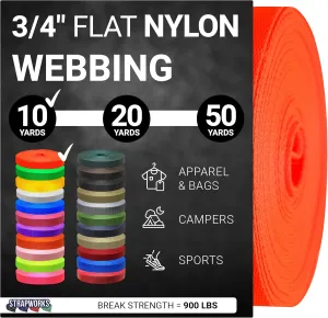 3/4 Inch Heavy Duty Nylon Webbing Strap Roll for Belt, Backpack, Sling, Collar, Leash, Strapping and More, 10, 20, or 50 Yards, Over 20 Colors