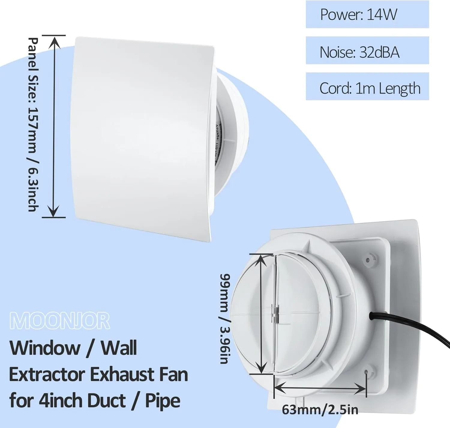 4inch Exhaust Fan, Window Wall Mount Vent Extractor Fan w/Button Switch, Cord for Kitchen Bathroom Workshop Garage (Slim Curved Panel)