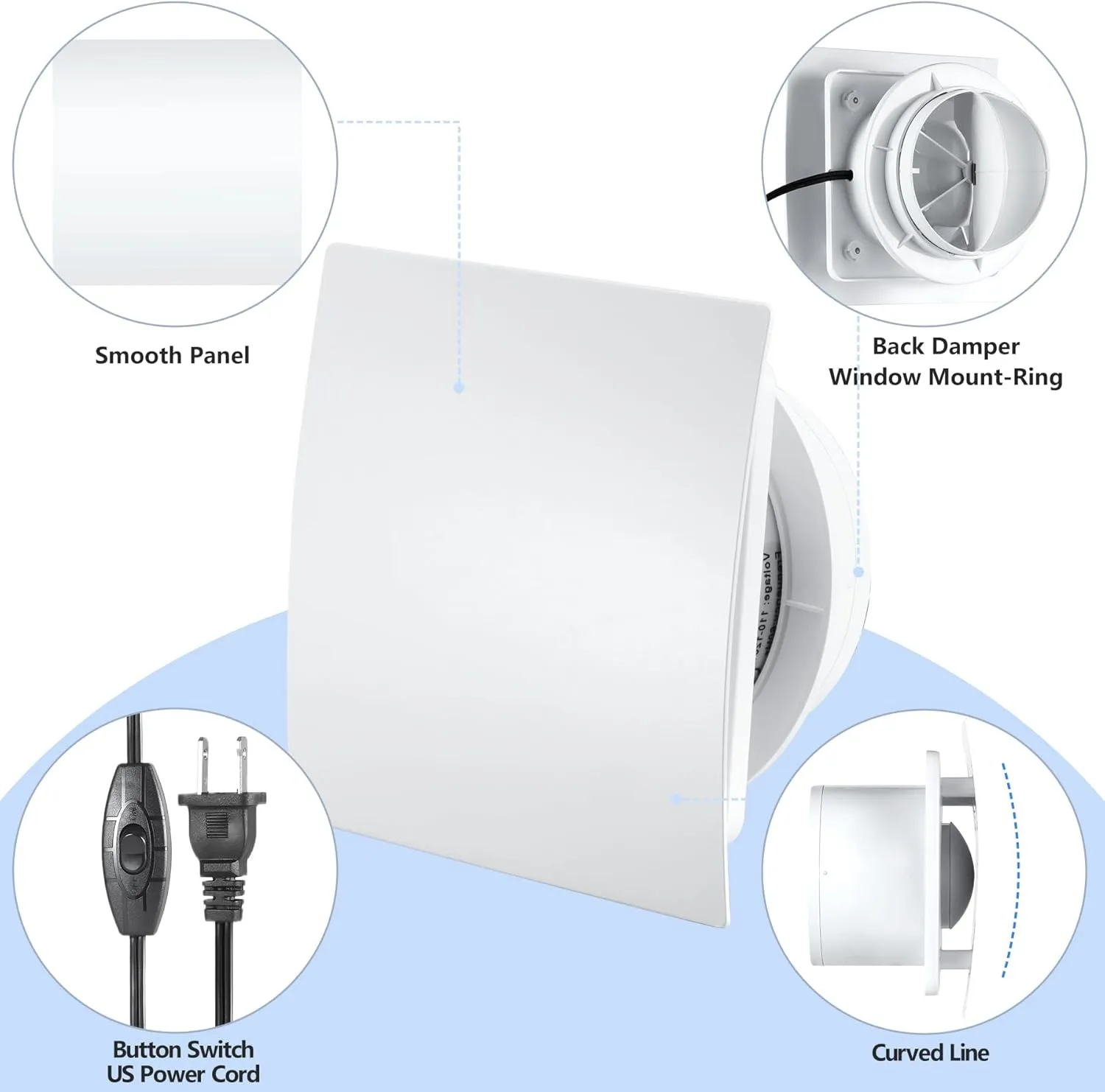 4inch Exhaust Fan, Window Wall Mount Vent Extractor Fan w/Button Switch, Cord for Kitchen Bathroom Workshop Garage (Slim Curved Panel)