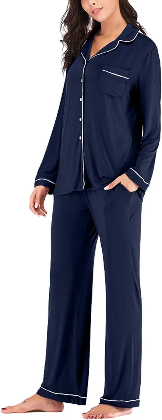 Aamikast Women's Pajama Sets Long Sleeve Button Down Sleepwear Nightwear Soft Pjs Lounge Sets