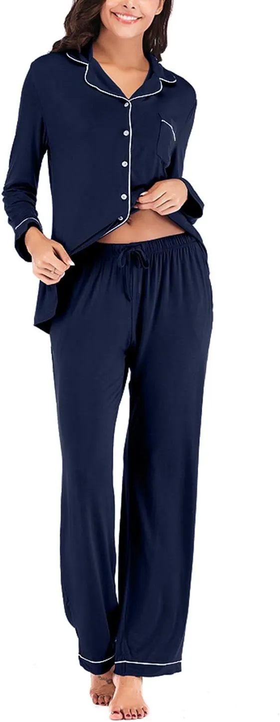 Aamikast Women's Pajama Sets Long Sleeve Button Down Sleepwear Nightwear Soft Pjs Lounge Sets