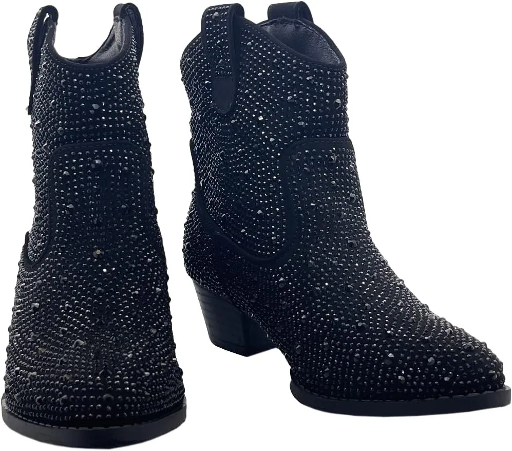 ABSOLEX Girl's Rhinestone Block Chunky Heel Ankle Bootie