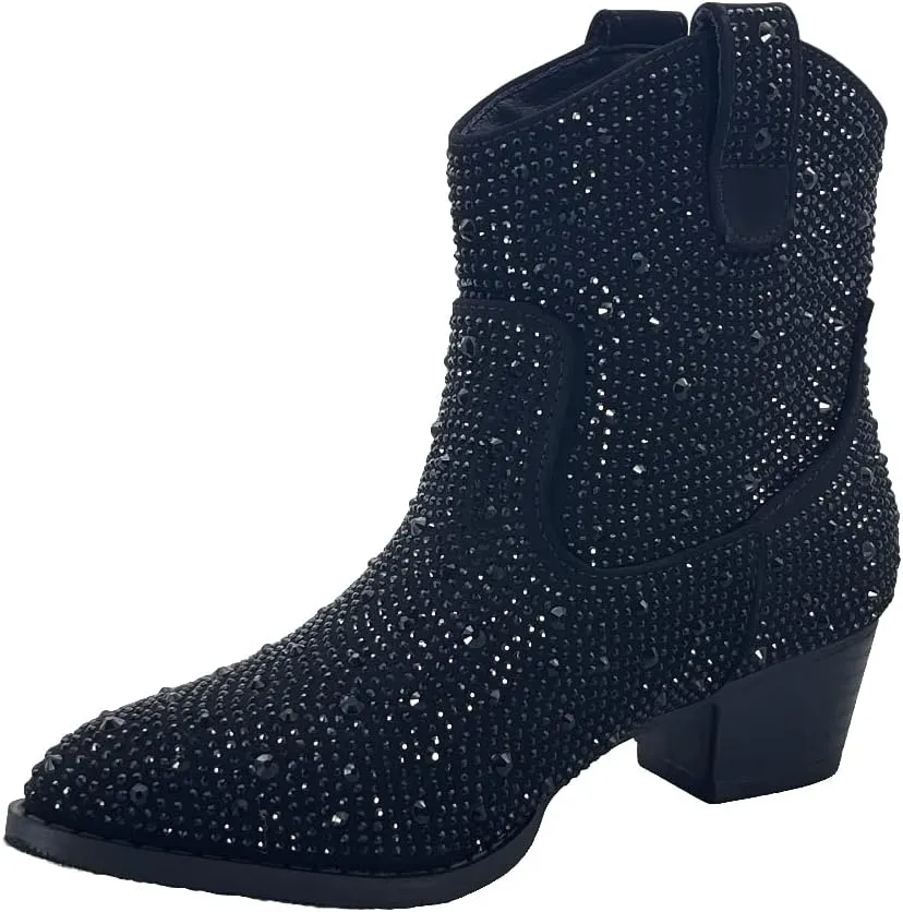 ABSOLEX Girl's Rhinestone Block Chunky Heel Ankle Bootie