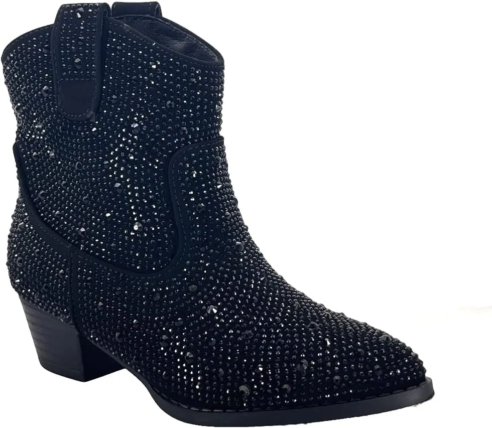 ABSOLEX Girl's Rhinestone Block Chunky Heel Ankle Bootie