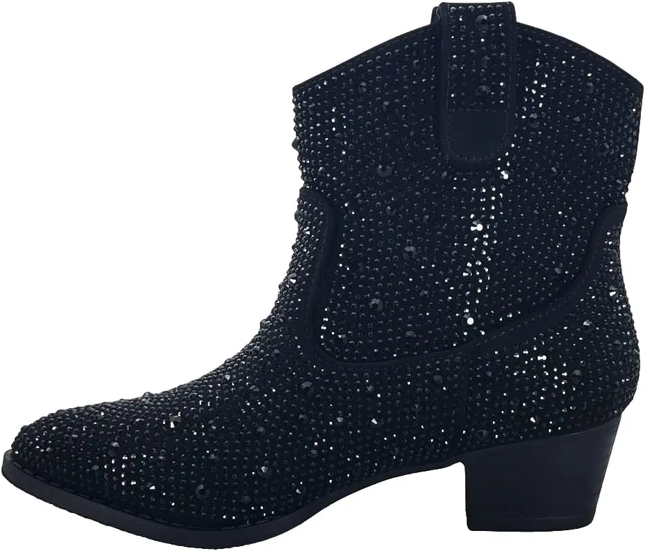 ABSOLEX Girl's Rhinestone Block Chunky Heel Ankle Bootie