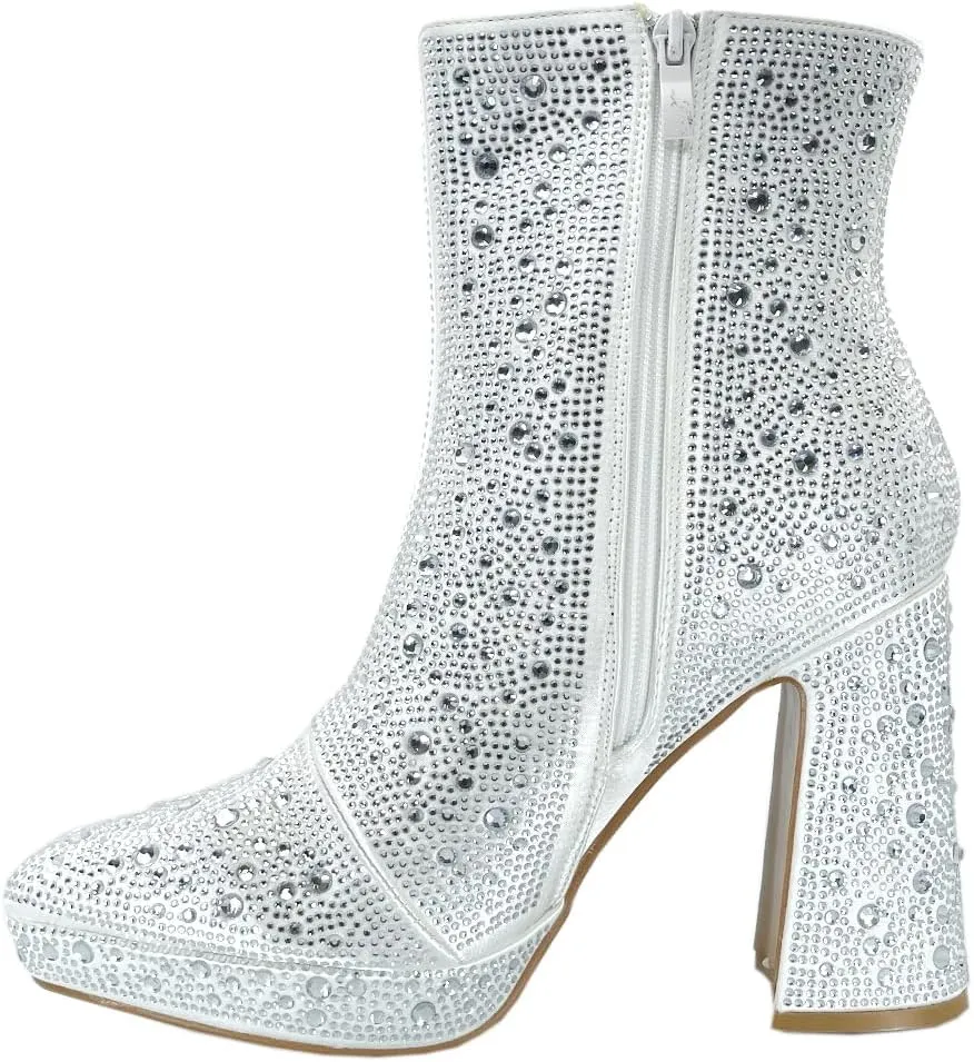 ABSOLEX Women Pointed Toe Rhinestone Platform Ankle High Chunky Block High Heel Bootie