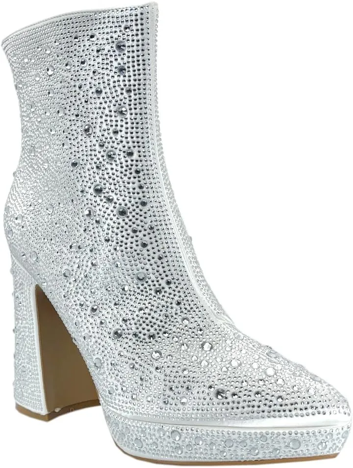 ABSOLEX Women Pointed Toe Rhinestone Platform Ankle High Chunky Block High Heel Bootie