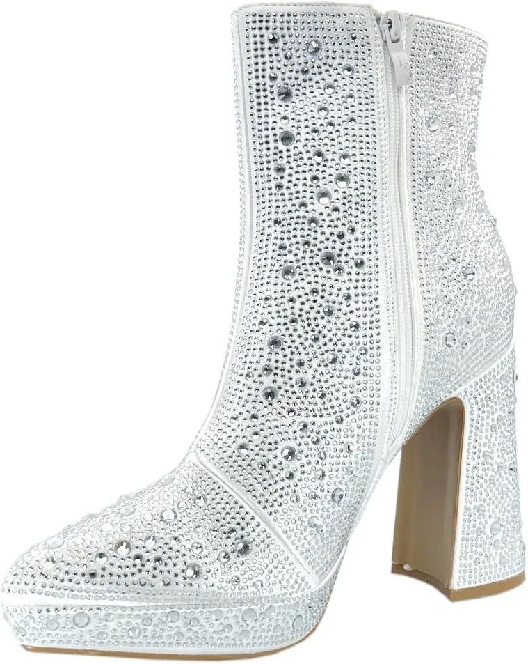 ABSOLEX Women Pointed Toe Rhinestone Platform Ankle High Chunky Block High Heel Bootie