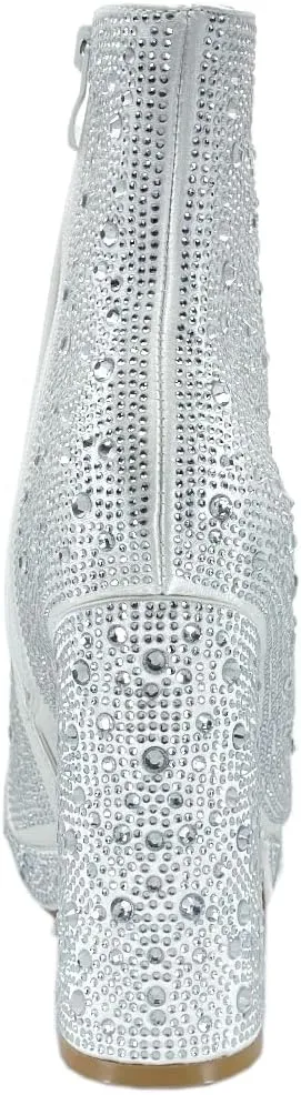 ABSOLEX Women Pointed Toe Rhinestone Platform Ankle High Chunky Block High Heel Bootie