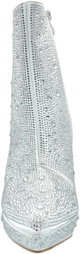 ABSOLEX Women Pointed Toe Rhinestone Platform Ankle High Chunky Block High Heel Bootie