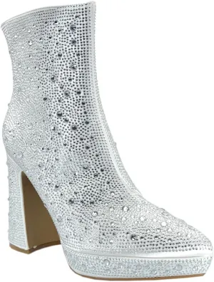 ABSOLEX Women Pointed Toe Rhinestone Platform Ankle High Chunky Block High Heel Bootie