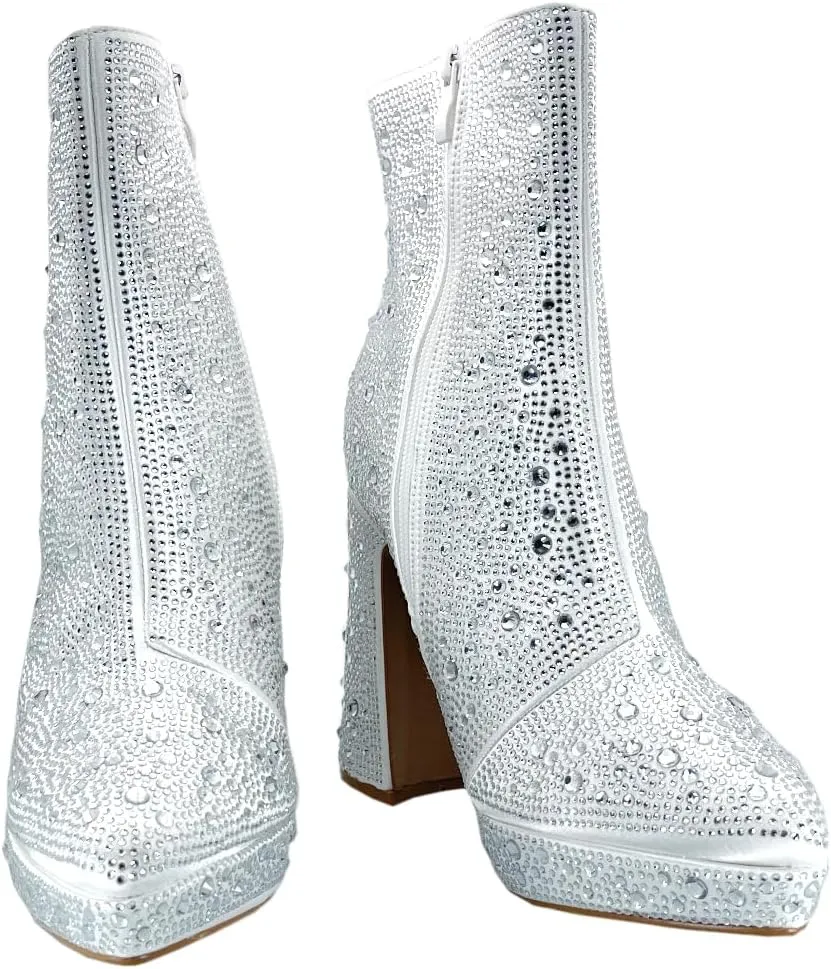 ABSOLEX Women Pointed Toe Rhinestone Platform Ankle High Chunky Block High Heel Bootie