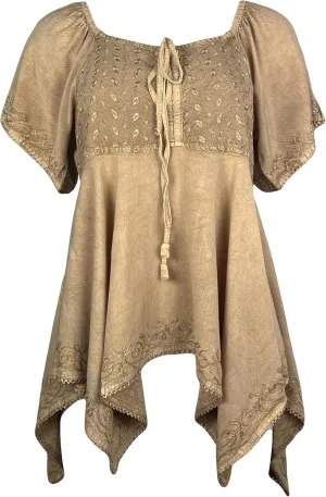 Agan Traders 2025 Summer Asymmetrical Handkerchief Diamond Neck Embroidered Tops - Empire Waist Cap Sleeve Women's Blouse