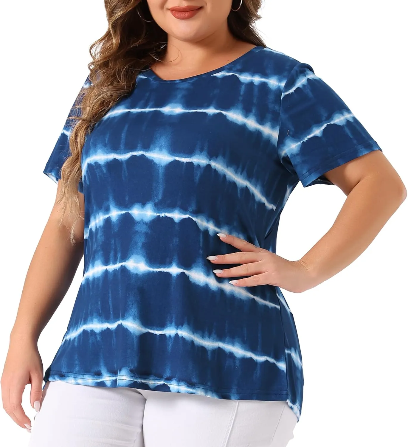 Agnes Orinda Plus Size Blouse for Women Round Neck Short Sleeve T-Shirts Rainbow Tie Dye Tee Tops