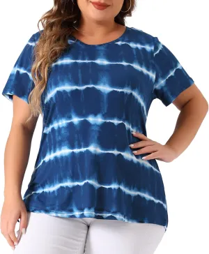 Agnes Orinda Plus Size Blouse for Women Round Neck Short Sleeve T-Shirts Rainbow Tie Dye Tee Tops
