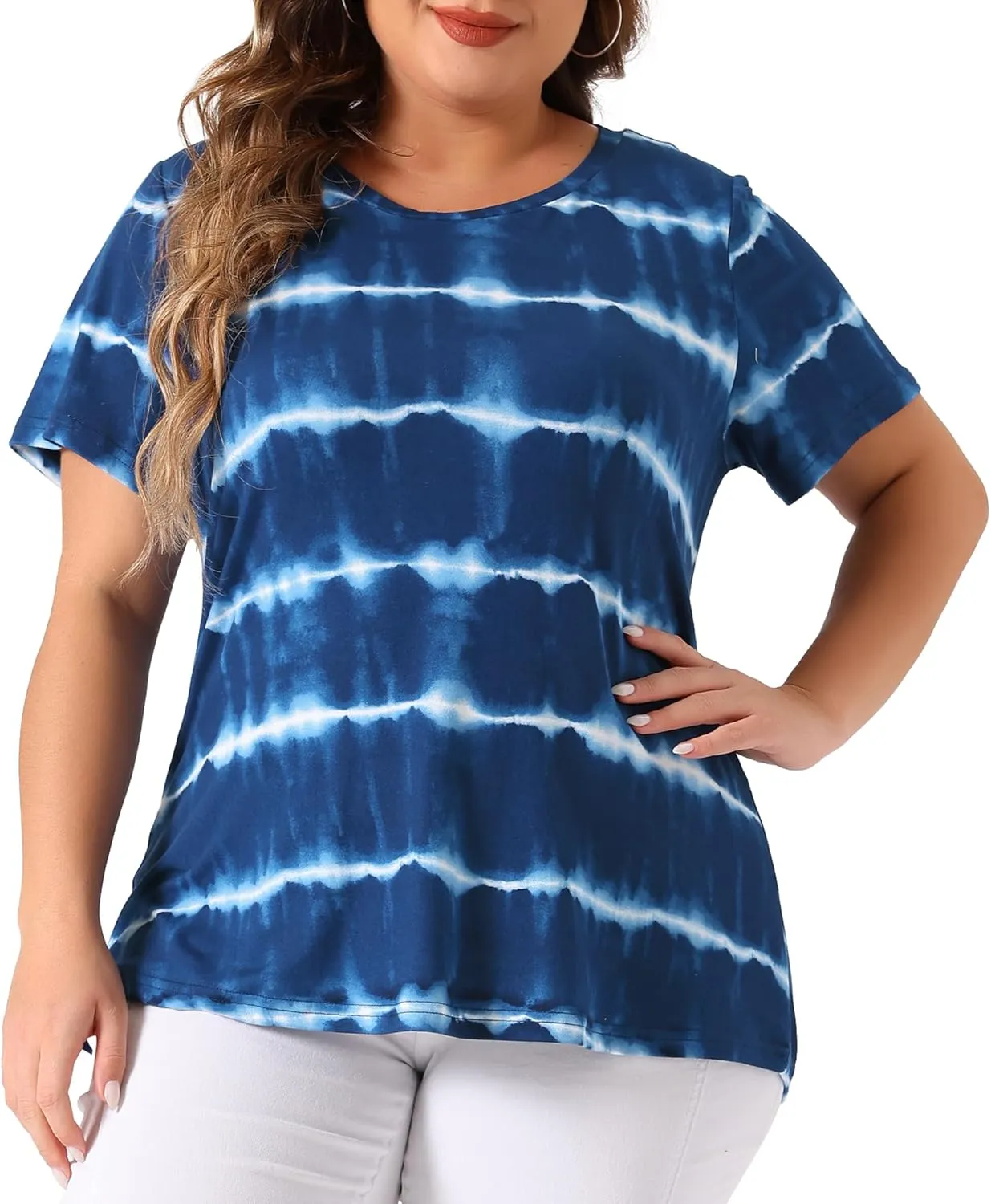 Agnes Orinda Plus Size Blouse for Women Round Neck Short Sleeve T-Shirts Rainbow Tie Dye Tee Tops