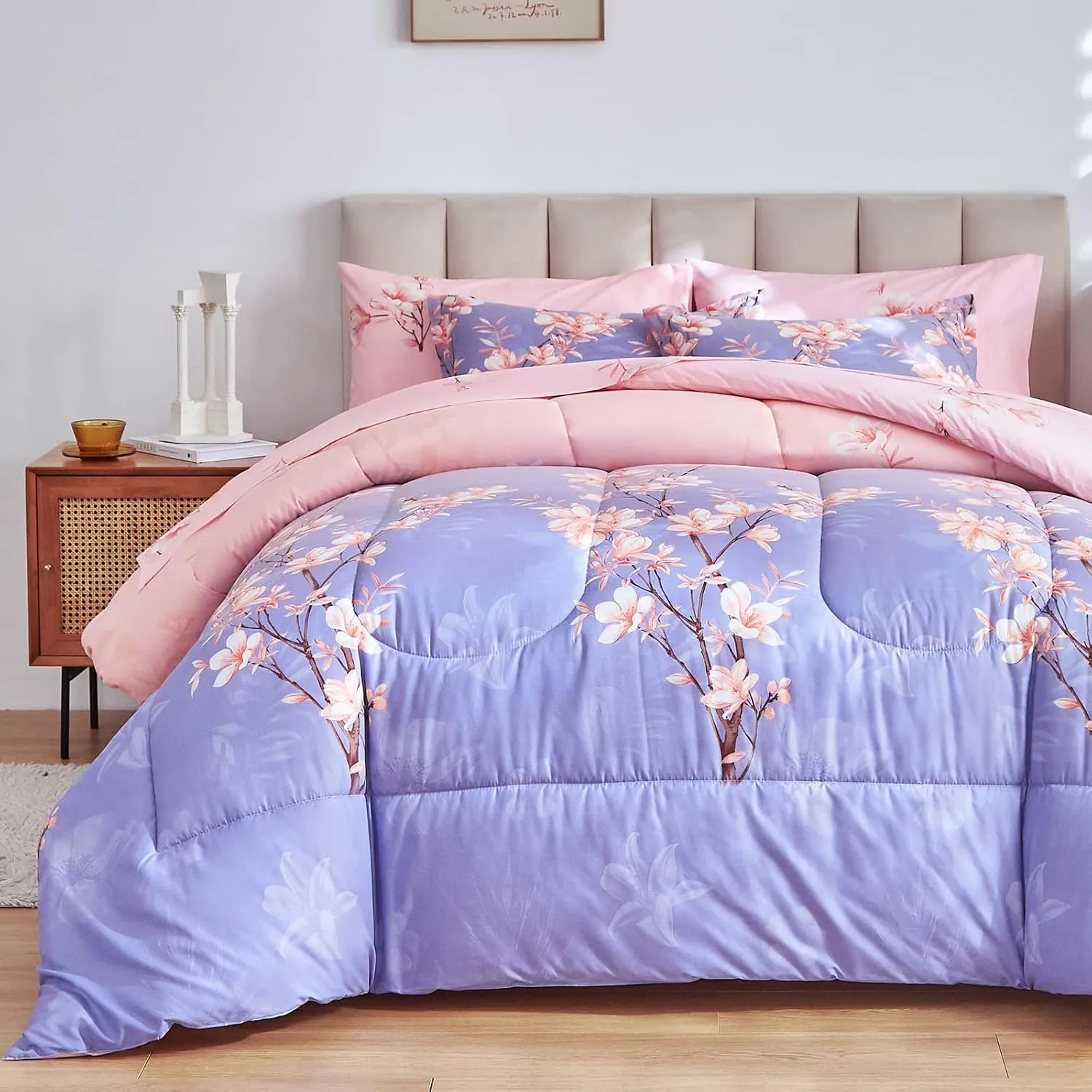AIKASY Pink and Light Purple Queen Comforter Set with Sheets,Bed in a Bag 7-Pieces,Branches and Flowers Printing Design,Ultra Soft Down Alternative All Season Bedding Set(Queen,Blossom Stem)