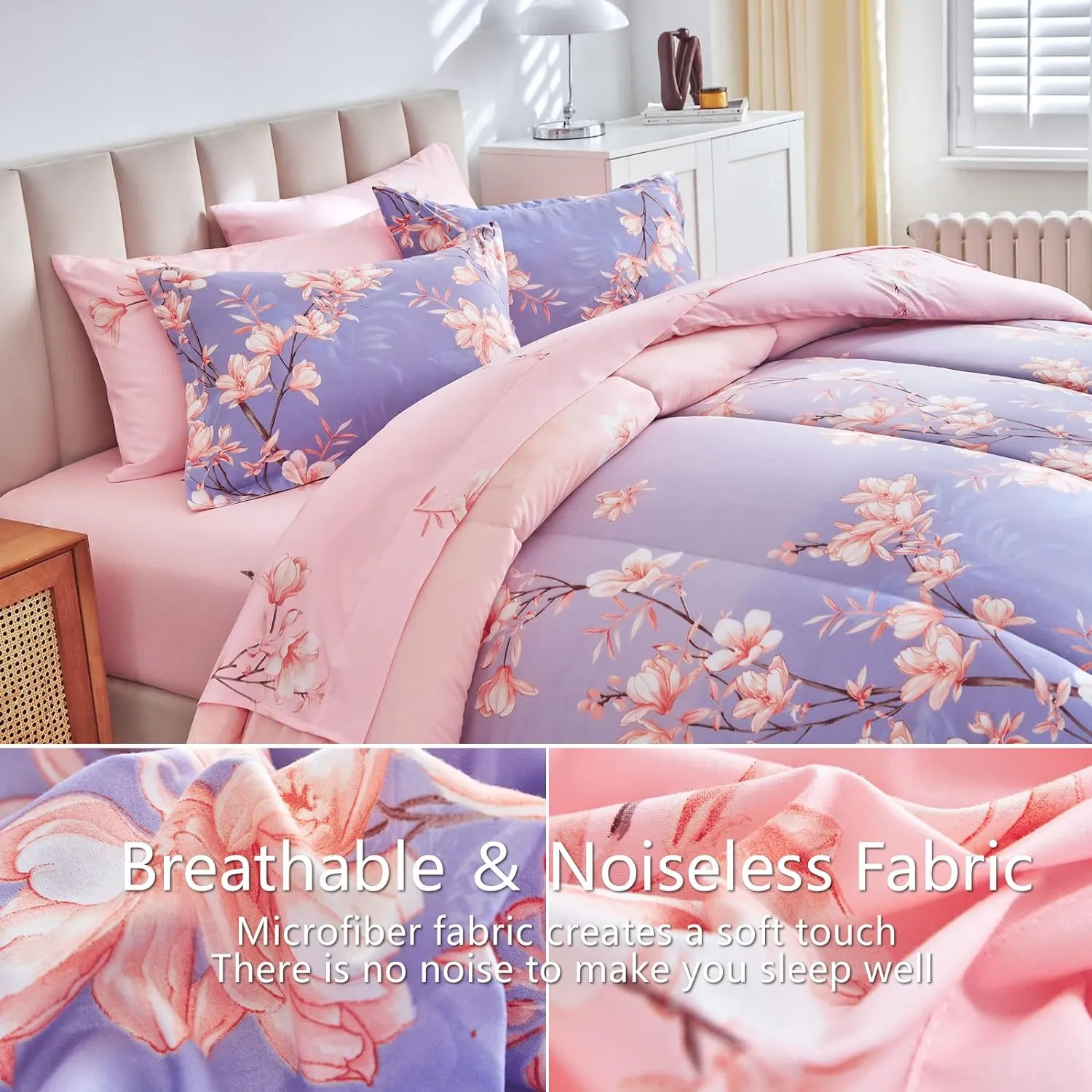 AIKASY Pink and Light Purple Queen Comforter Set with Sheets,Bed in a Bag 7-Pieces,Branches and Flowers Printing Design,Ultra Soft Down Alternative All Season Bedding Set(Queen,Blossom Stem)