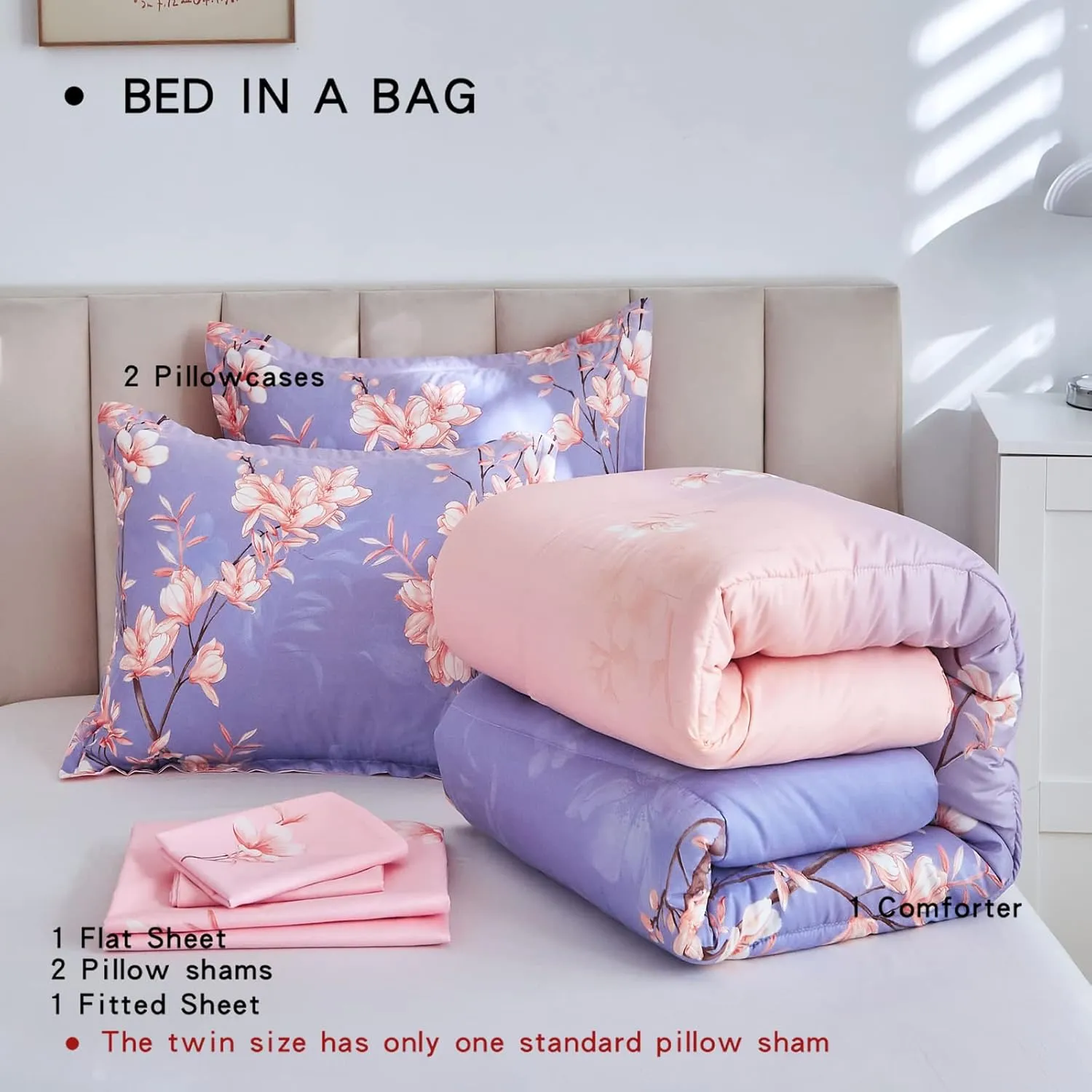 AIKASY Pink and Light Purple Queen Comforter Set with Sheets,Bed in a Bag 7-Pieces,Branches and Flowers Printing Design,Ultra Soft Down Alternative All Season Bedding Set(Queen,Blossom Stem)