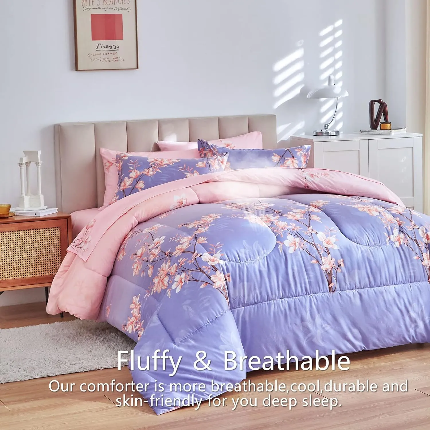 AIKASY Pink and Light Purple Queen Comforter Set with Sheets,Bed in a Bag 7-Pieces,Branches and Flowers Printing Design,Ultra Soft Down Alternative All Season Bedding Set(Queen,Blossom Stem)