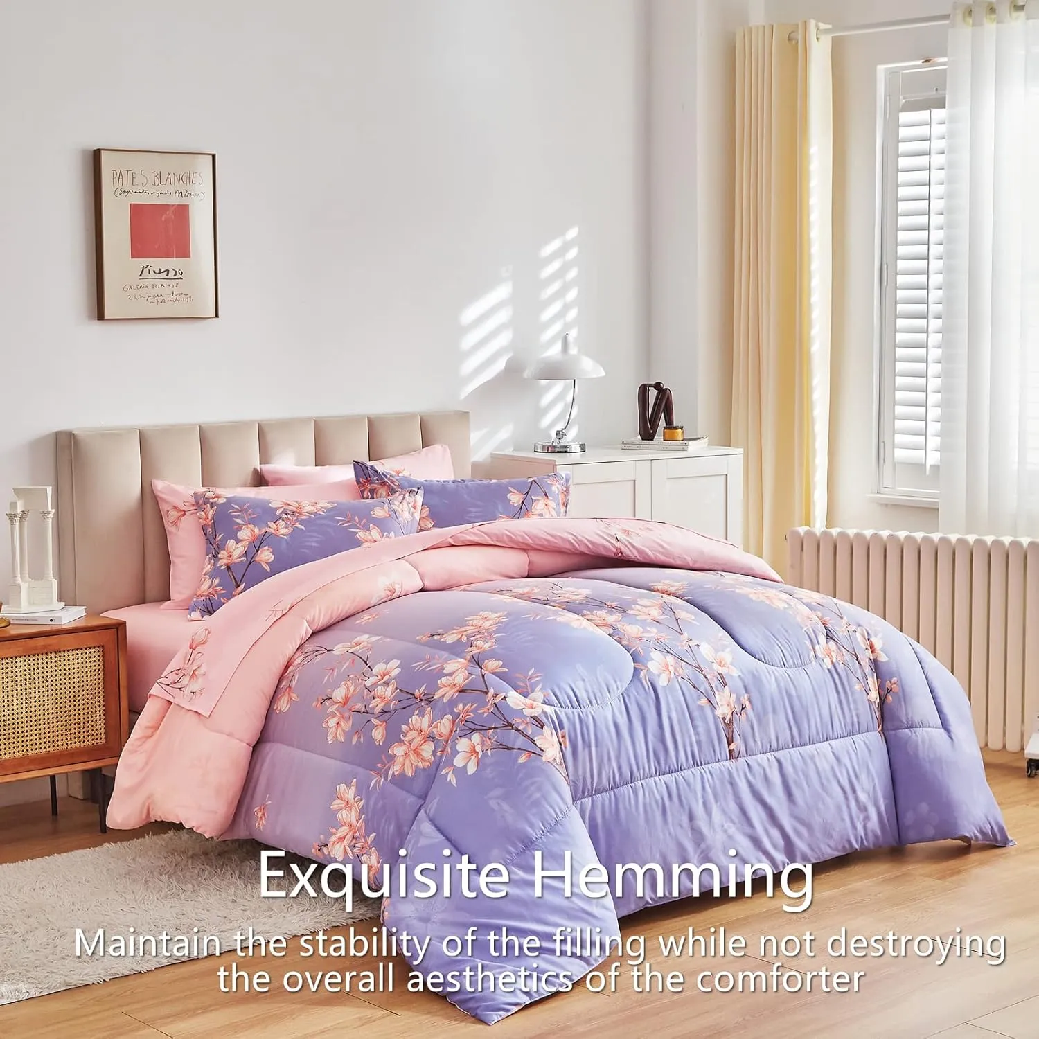 AIKASY Pink and Light Purple Queen Comforter Set with Sheets,Bed in a Bag 7-Pieces,Branches and Flowers Printing Design,Ultra Soft Down Alternative All Season Bedding Set(Queen,Blossom Stem)