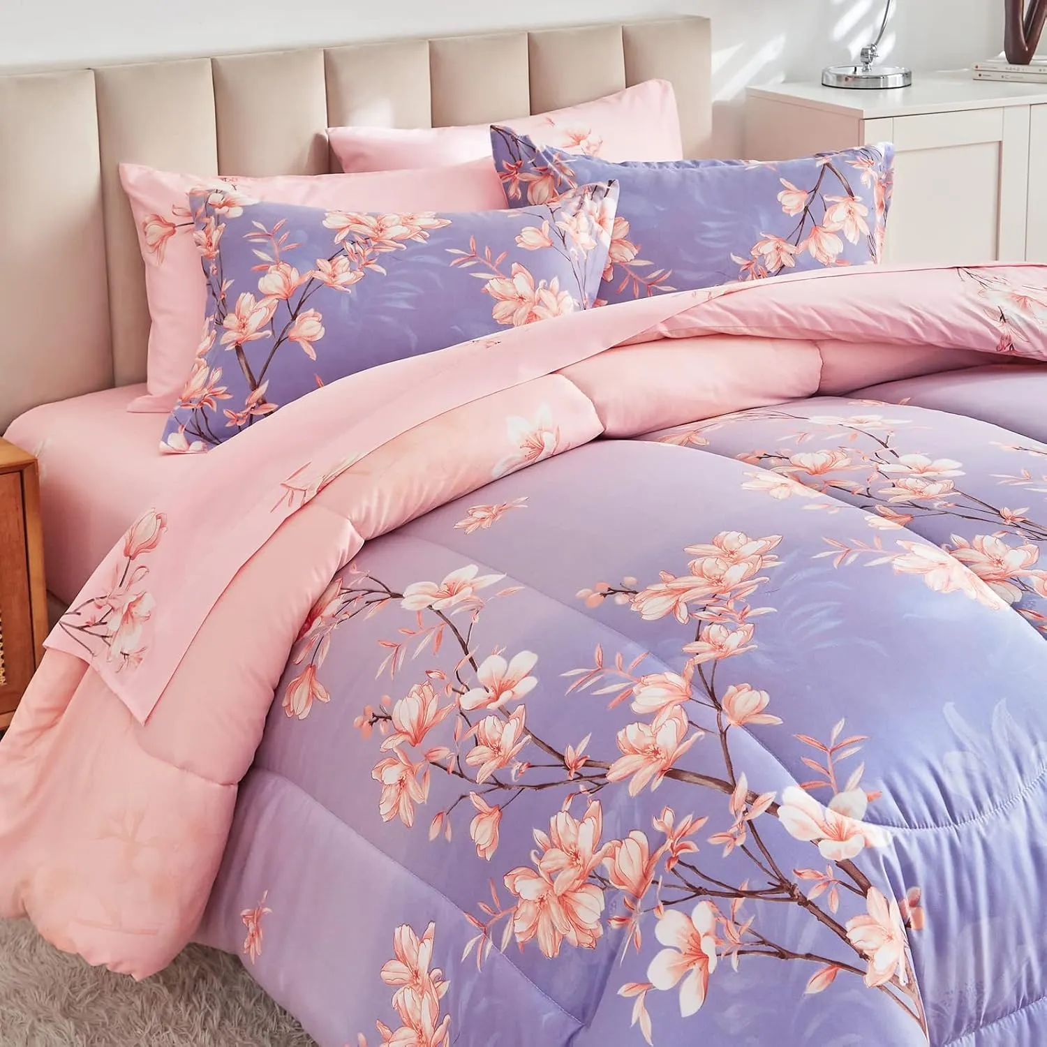 AIKASY Pink and Light Purple Queen Comforter Set with Sheets,Bed in a Bag 7-Pieces,Branches and Flowers Printing Design,Ultra Soft Down Alternative All Season Bedding Set(Queen,Blossom Stem)