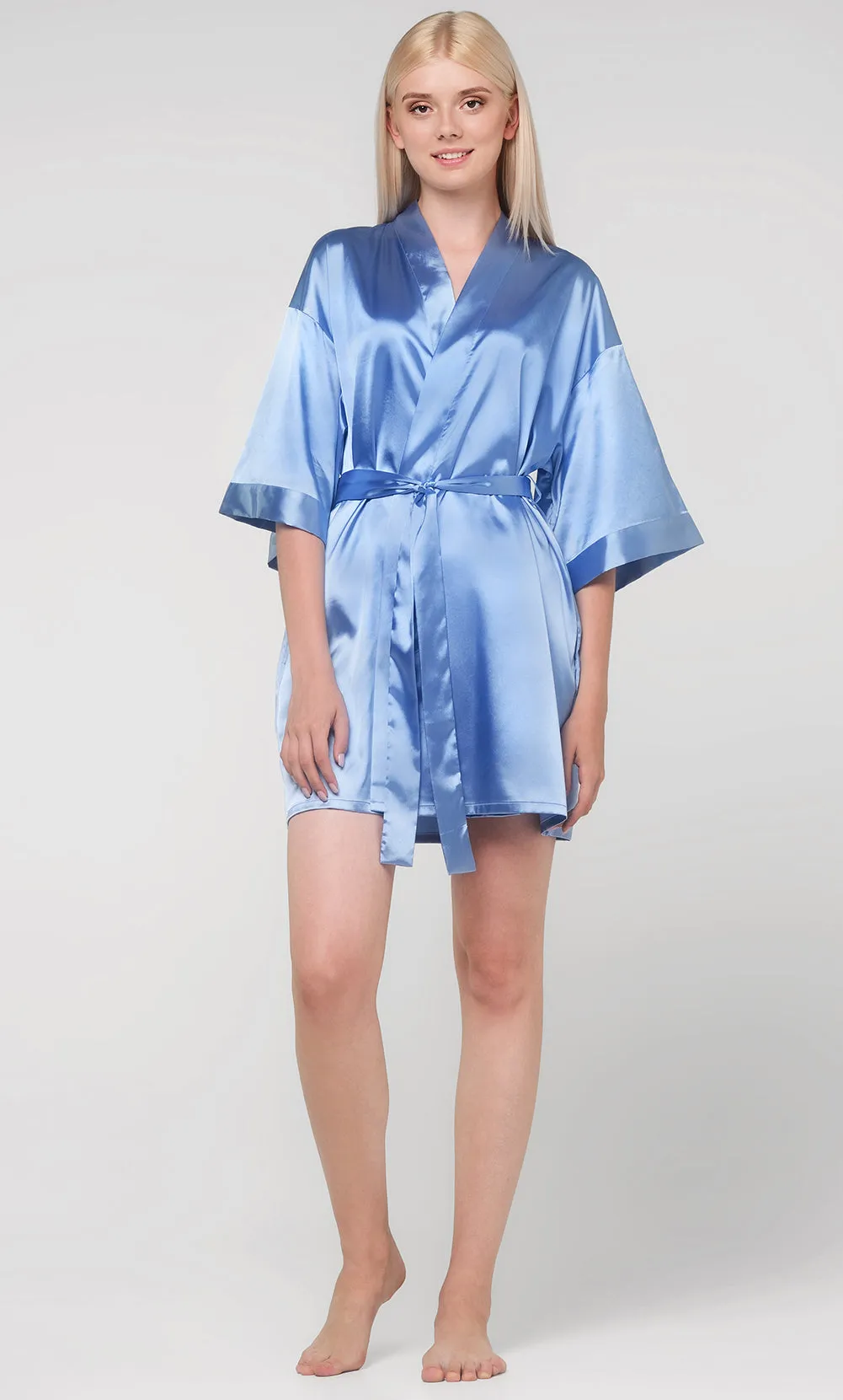 Airy Blue Satin Kimono Short Robe