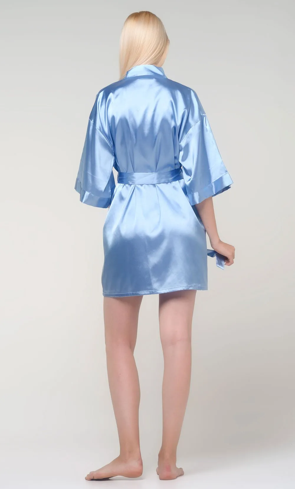 Airy Blue Satin Kimono Short Robe