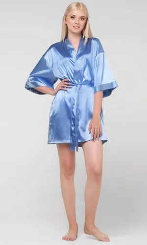 Airy Blue Satin Kimono Short Robe