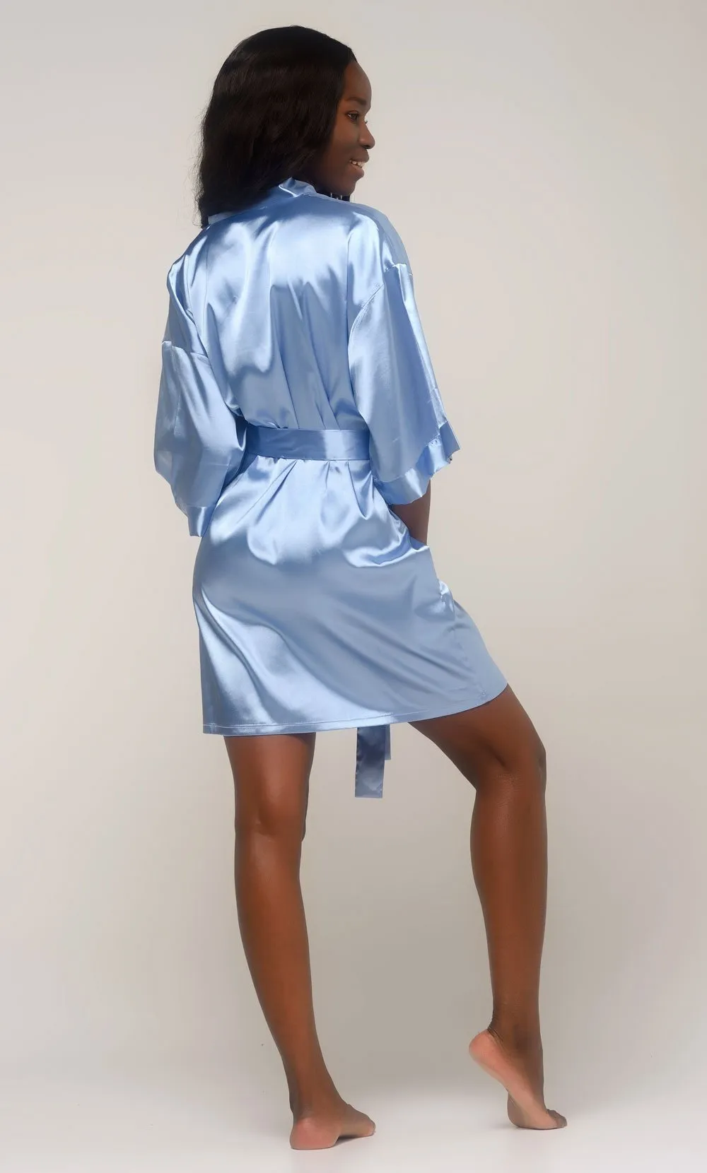 Airy Blue Satin Kimono Short Robe