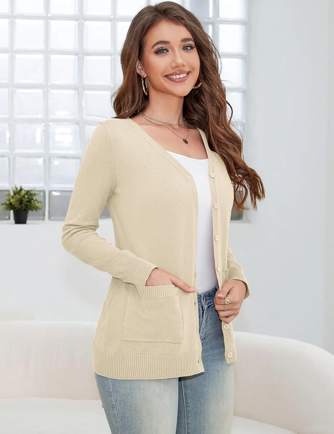a.Jesdani Women's Button Down Crew Neck Long Sleeve Soft Knit Cardigan Sweaters