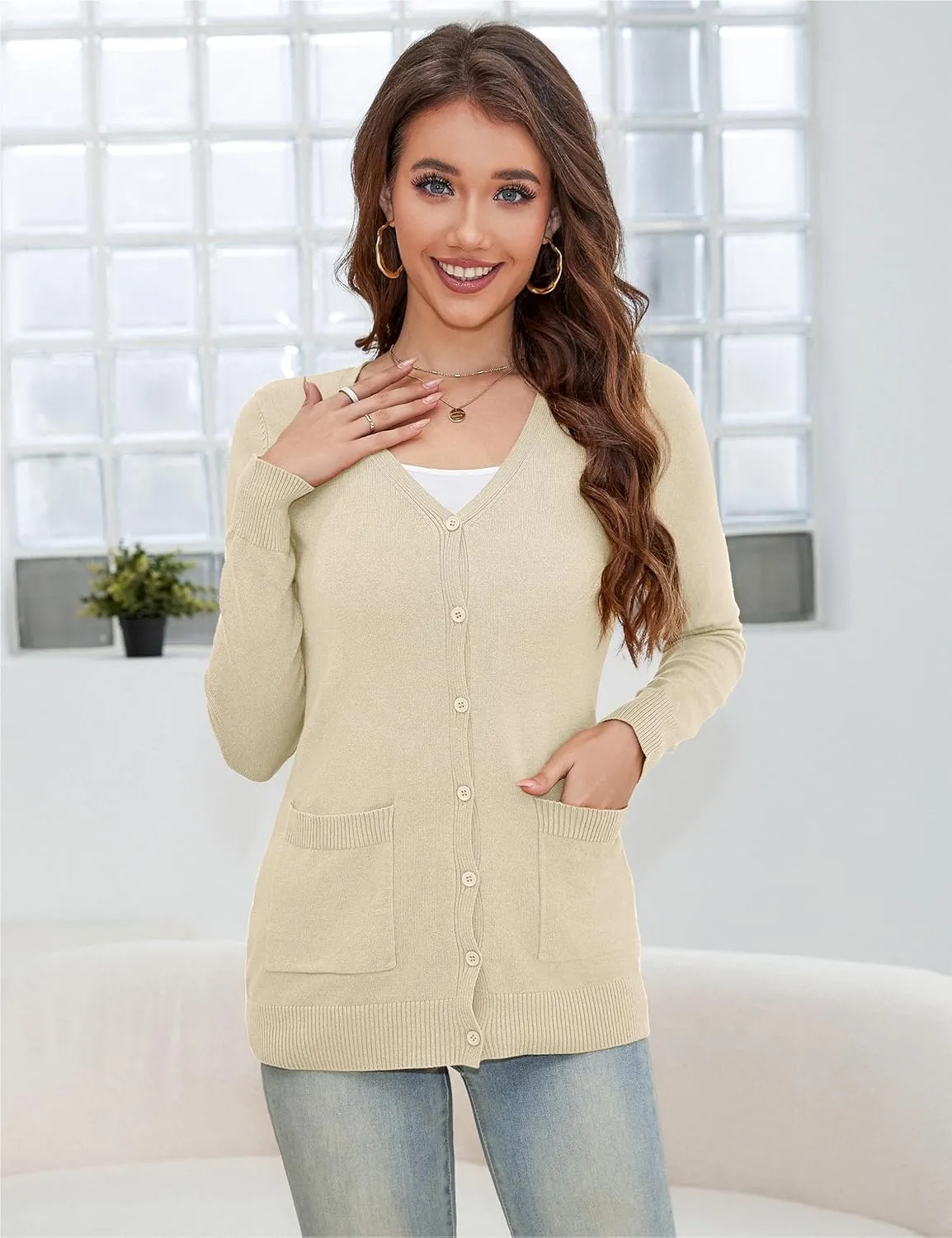 a.Jesdani Women's Button Down Crew Neck Long Sleeve Soft Knit Cardigan Sweaters