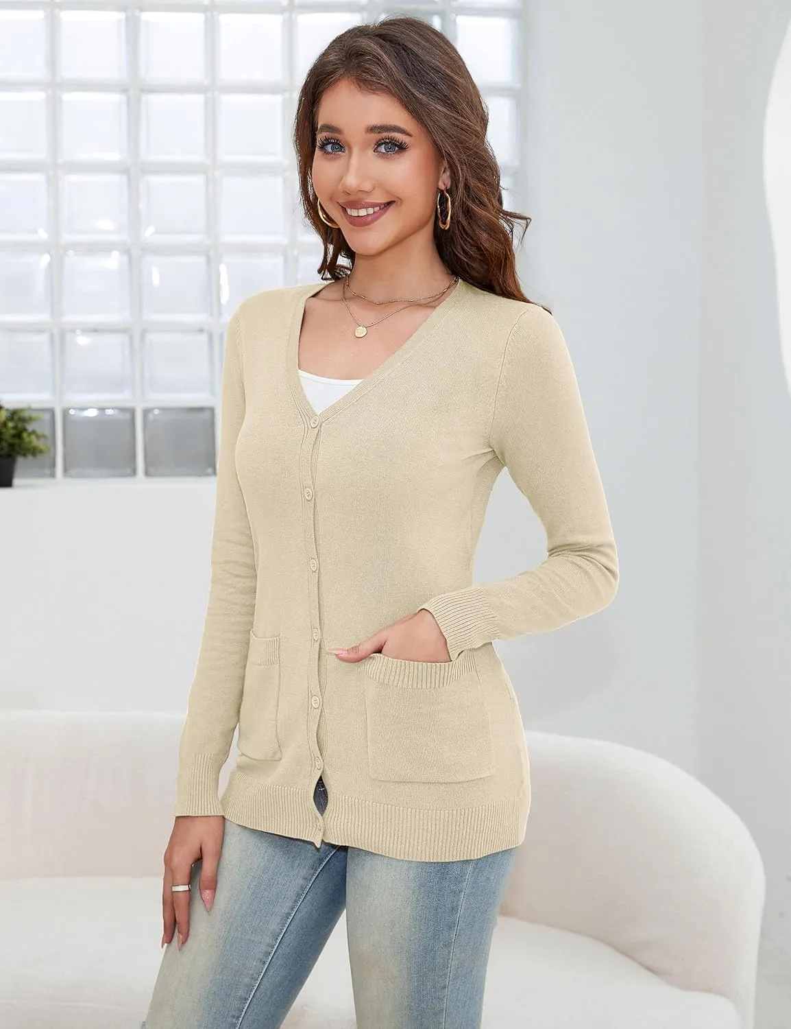 a.Jesdani Women's Button Down Crew Neck Long Sleeve Soft Knit Cardigan Sweaters