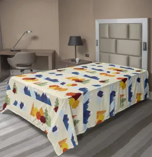Ambesonne Landscape Flat Sheet, Repeated Pattern of Snowy Mountain Ranges and Trees in Autumn Season, Soft Comfortable Top Sheet Decorative Bedding 1 Piece, Twin Size, Eggshell and Multicolor