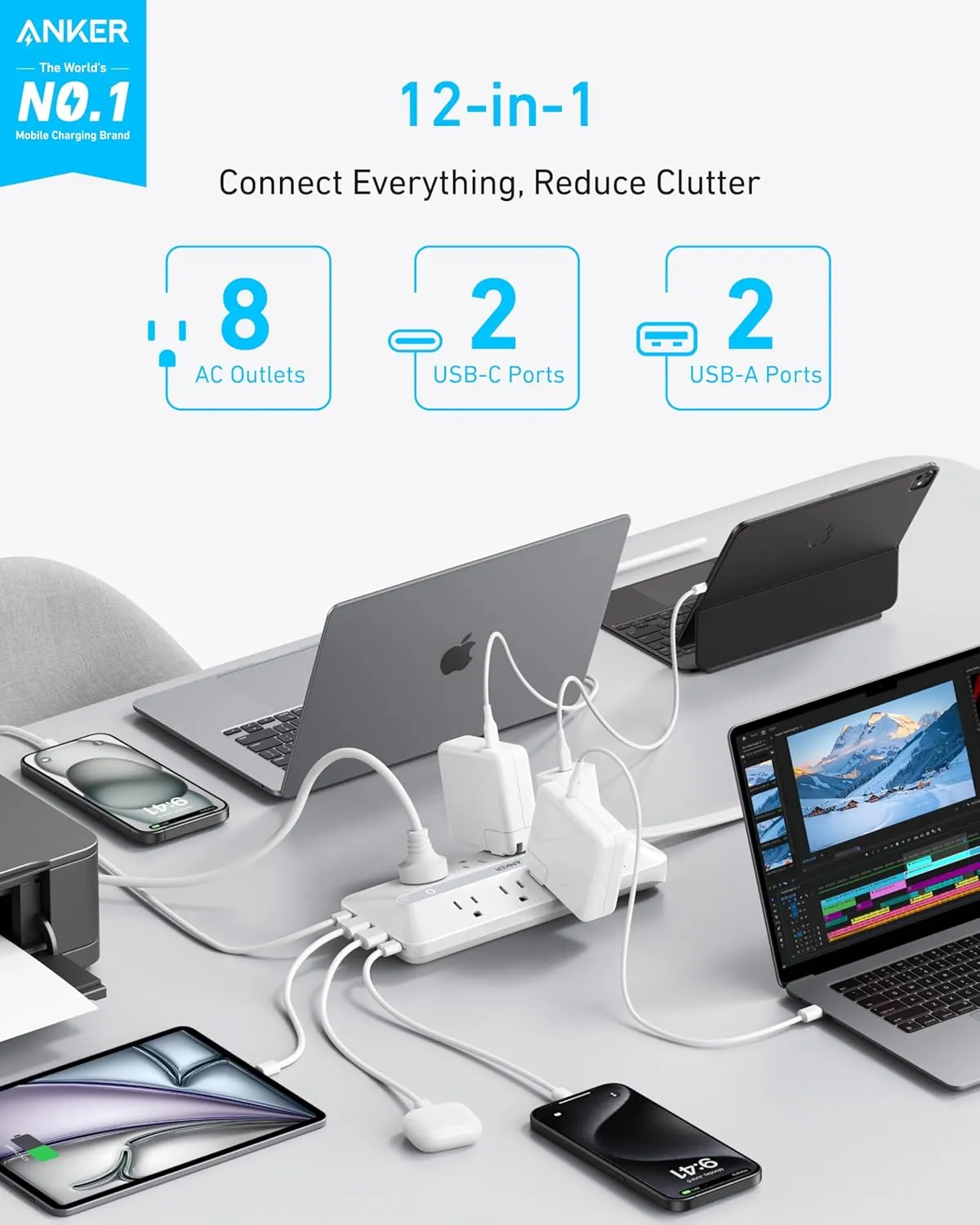 Anker Flat Plug Power Strip, 12-in-1 USB-C Power Strip with 8 AC, 2 USB-C, and 2 USB-A Ports, 5 feet Extension Cord, Slim Desk Charging Station, 900J Surge Protection, 35W Max for Home, Office, Dorm