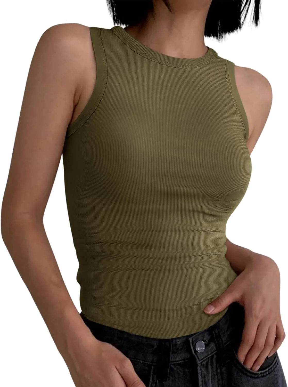 ANRABESS Womens Sleeveless High Neck Tank Tops Fashion Summer Casual Basic Slim Fit Ribbed Racerback Top Shirt Clothes