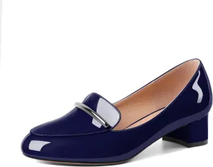 AUMOTED Women Low Block Chunky Heel Pumps Round Toe Slip On 1.5" Closed Toe Loafer Heels Chunky Office Dress Shoes