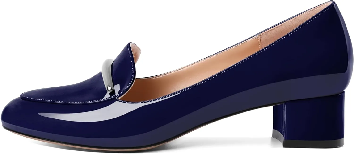 AUMOTED Women Low Block Chunky Heel Pumps Round Toe Slip On 1.5" Closed Toe Loafer Heels Chunky Office Dress Shoes