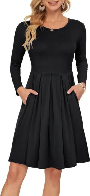 AUSELILY Women's Long Sleeve Dress Pleated Loose Swing Casual Dress with Pockets Knee Length Dresses 2025 New